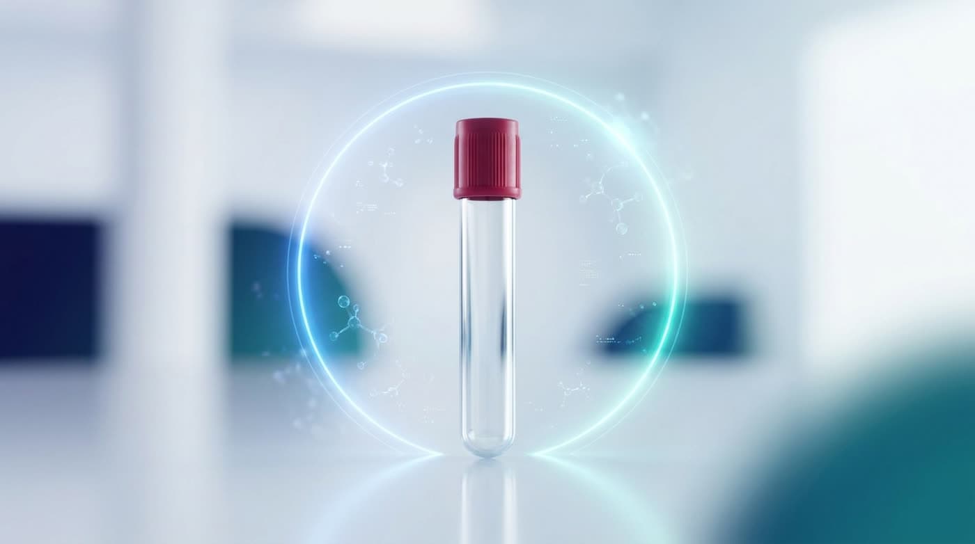 A serum blood collection vial within a softly glowing blue-to-teal diagnostic ring