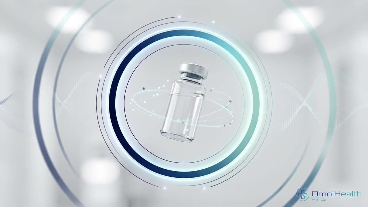 Serum vial with a slowly rotating blue-to-teal diagnostic ring